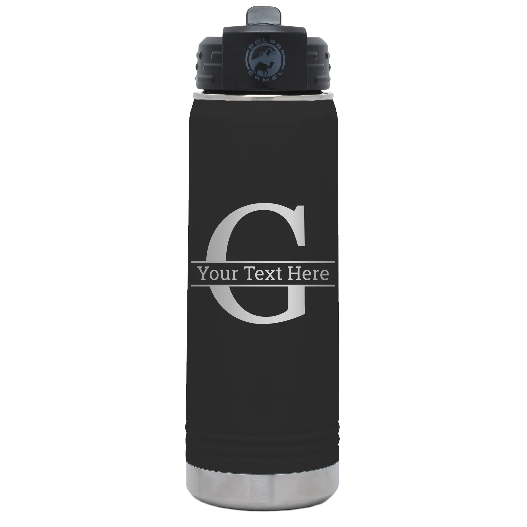 Personalized black 20 oz vacuum insulated water bottle with 'Monogram letter G' design