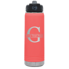 Personalized coral 20 oz vacuum insulated water bottle with 'Monogram letter G' design