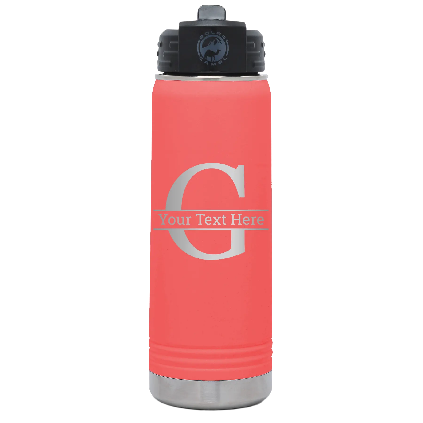 Personalized coral 20 oz vacuum insulated water bottle with 'Monogram letter G' design