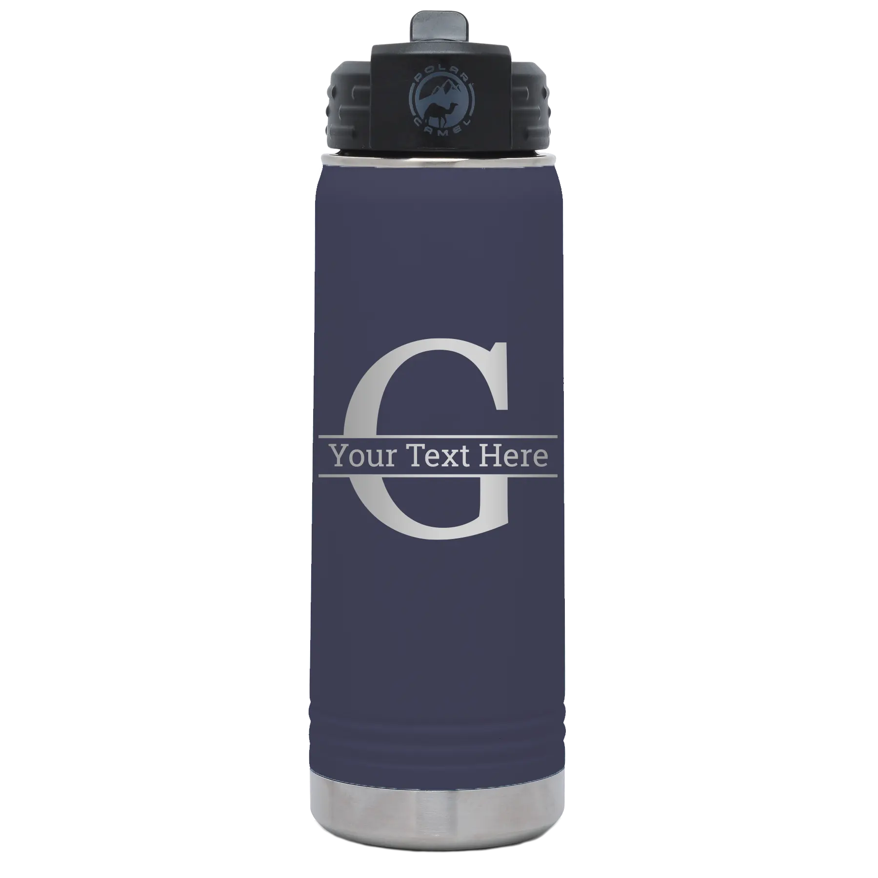 Personalized navy 20 oz vacuum insulated water bottle with 'Monogram letter G' design