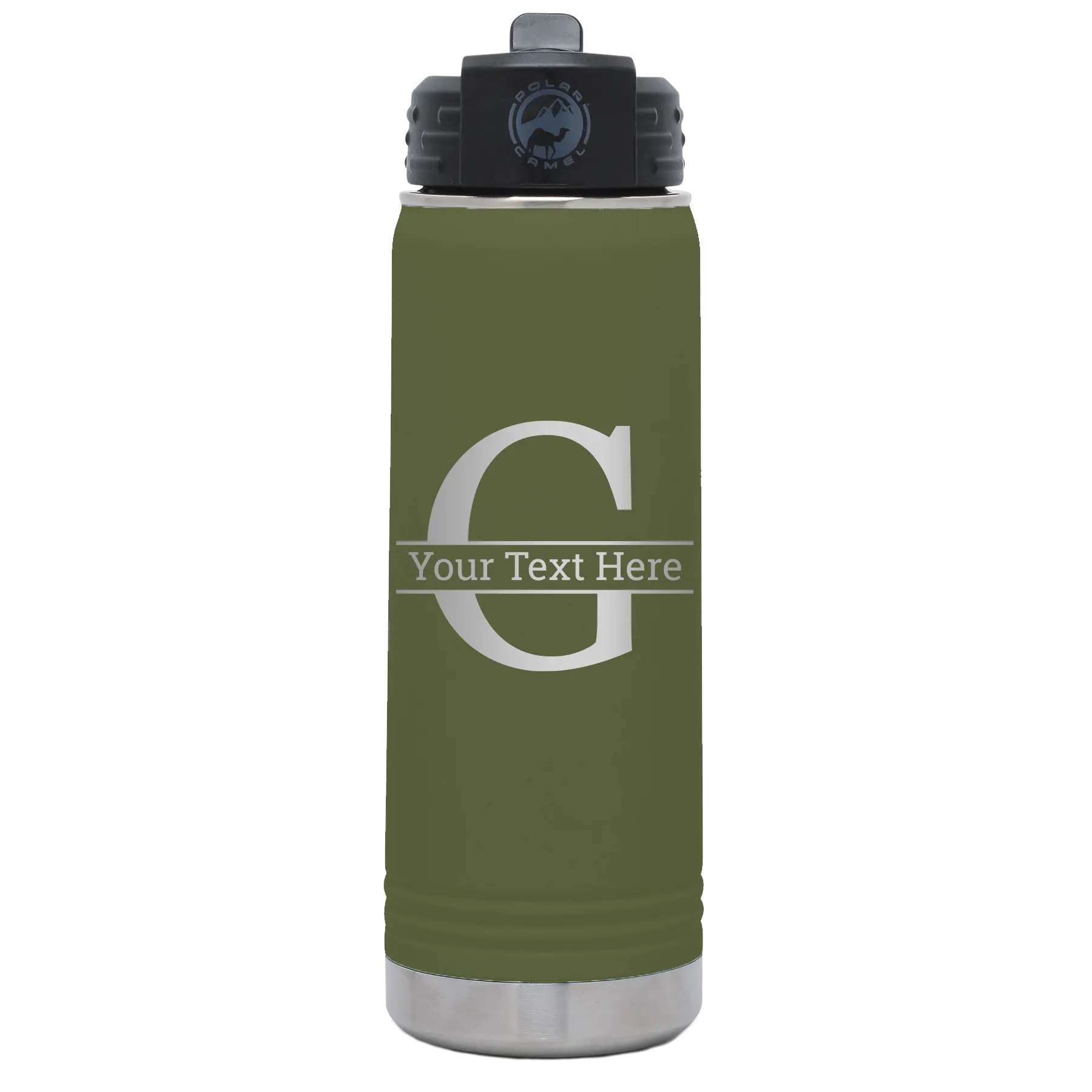 Personalized olive green 20 oz vacuum insulated water bottle with 'Monogram letter G' design