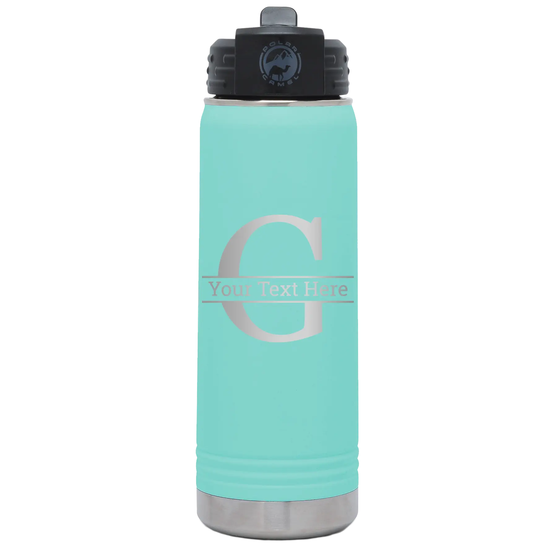 Personalized teal 20 oz vacuum insulated water bottle with 'Monogram letter G' design