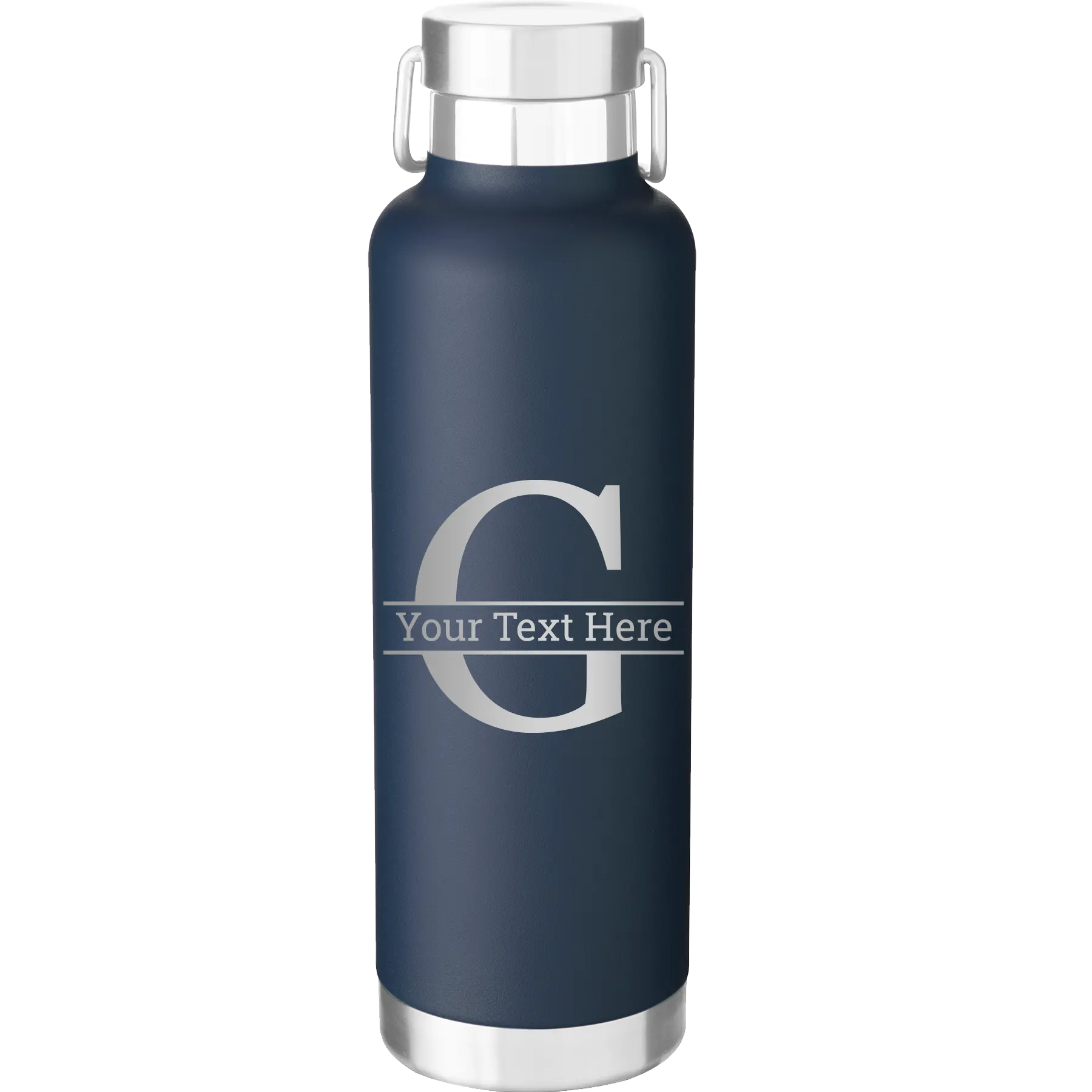 Personalized navy 24 oz vacuum insulated water bottle with 'Monogram letter G' design