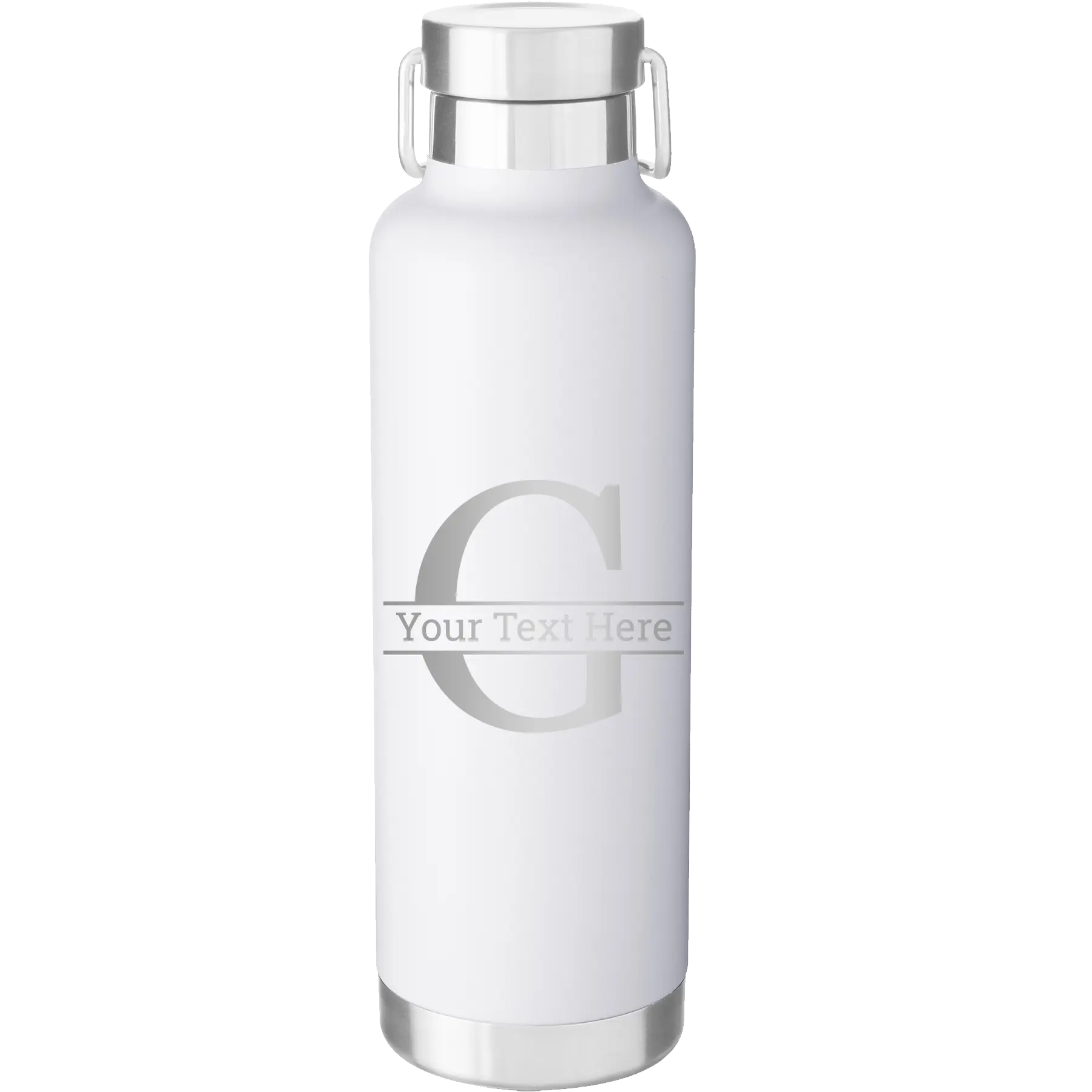 Personalized white 24 oz vacuum insulated water bottle with 'Monogram letter G' design