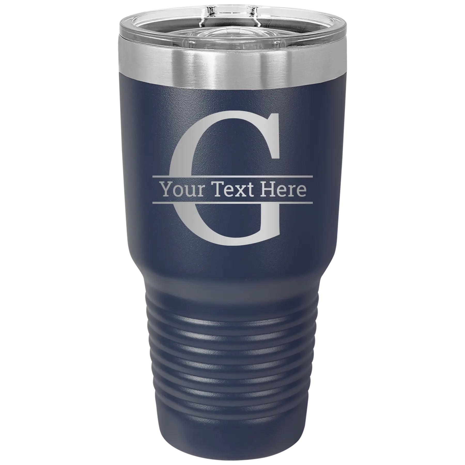 Personalized navy 30 oz vacuum insulated tumbler with 'Monogram letter G' design