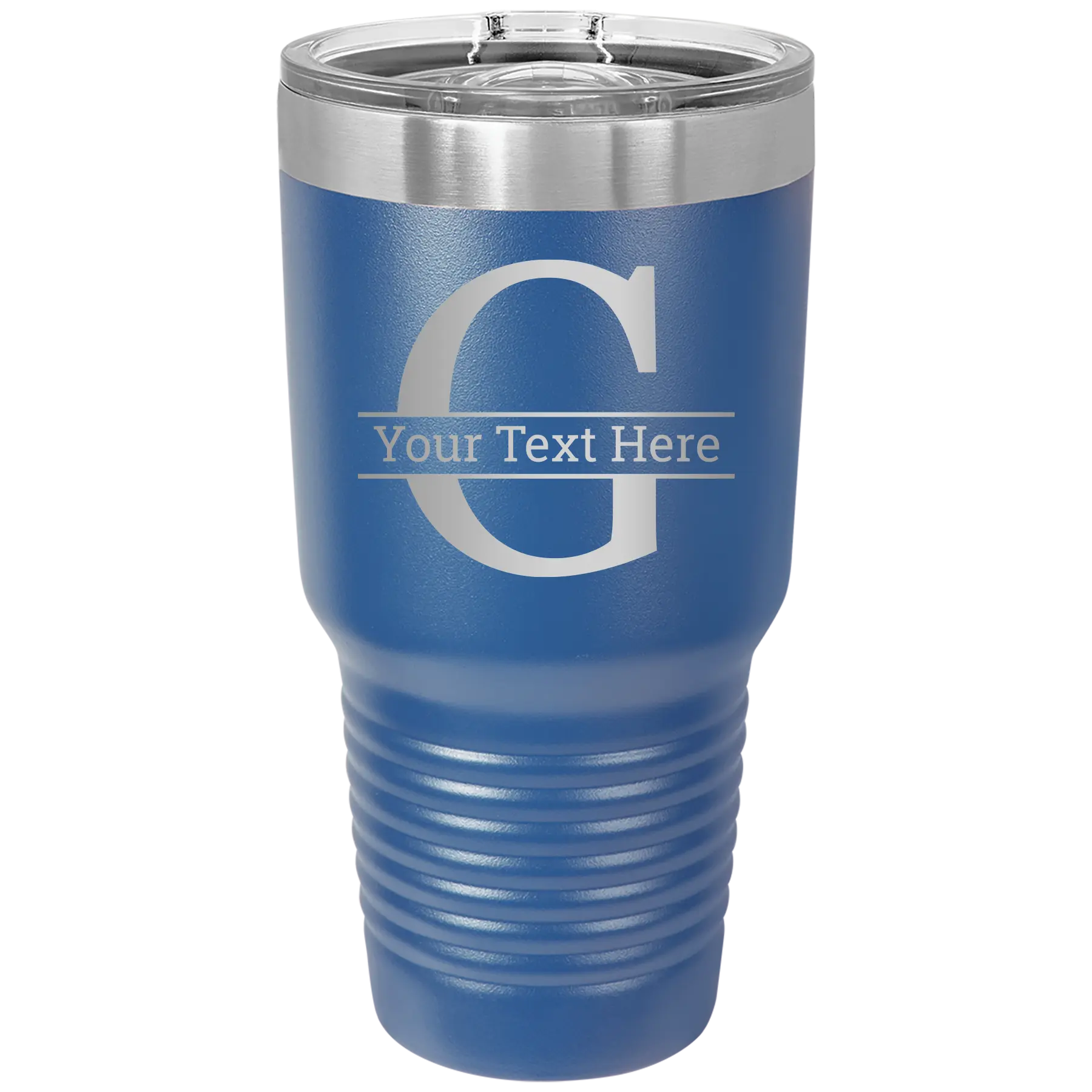 Personalized royal blue 30 oz vacuum insulated tumbler with 'Monogram letter G' design