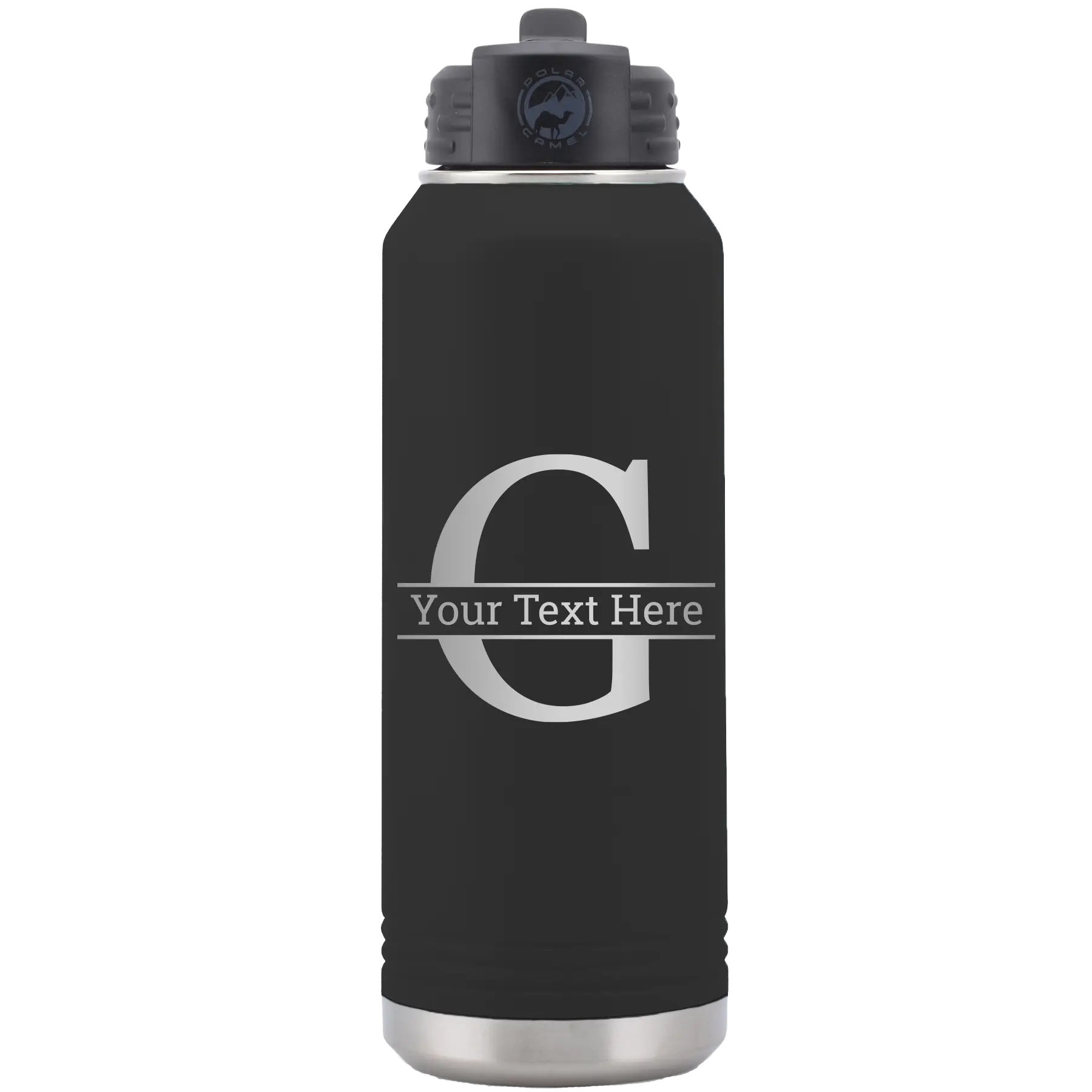 Personalized black 32 oz vacuum insulated water bottle with 'Monogram letter G' design