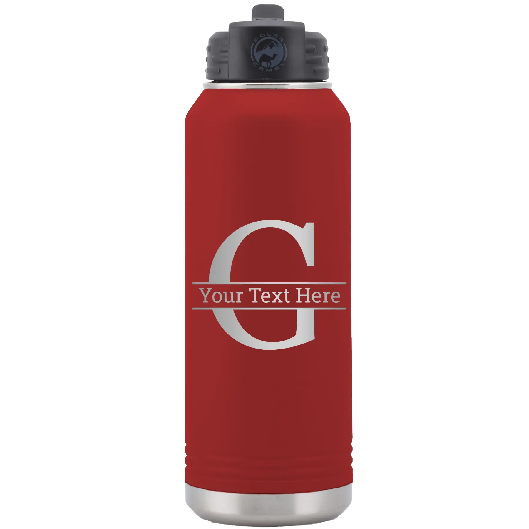Personalized maroon 32 oz vacuum insulated water bottle with 'Monogram letter G' design