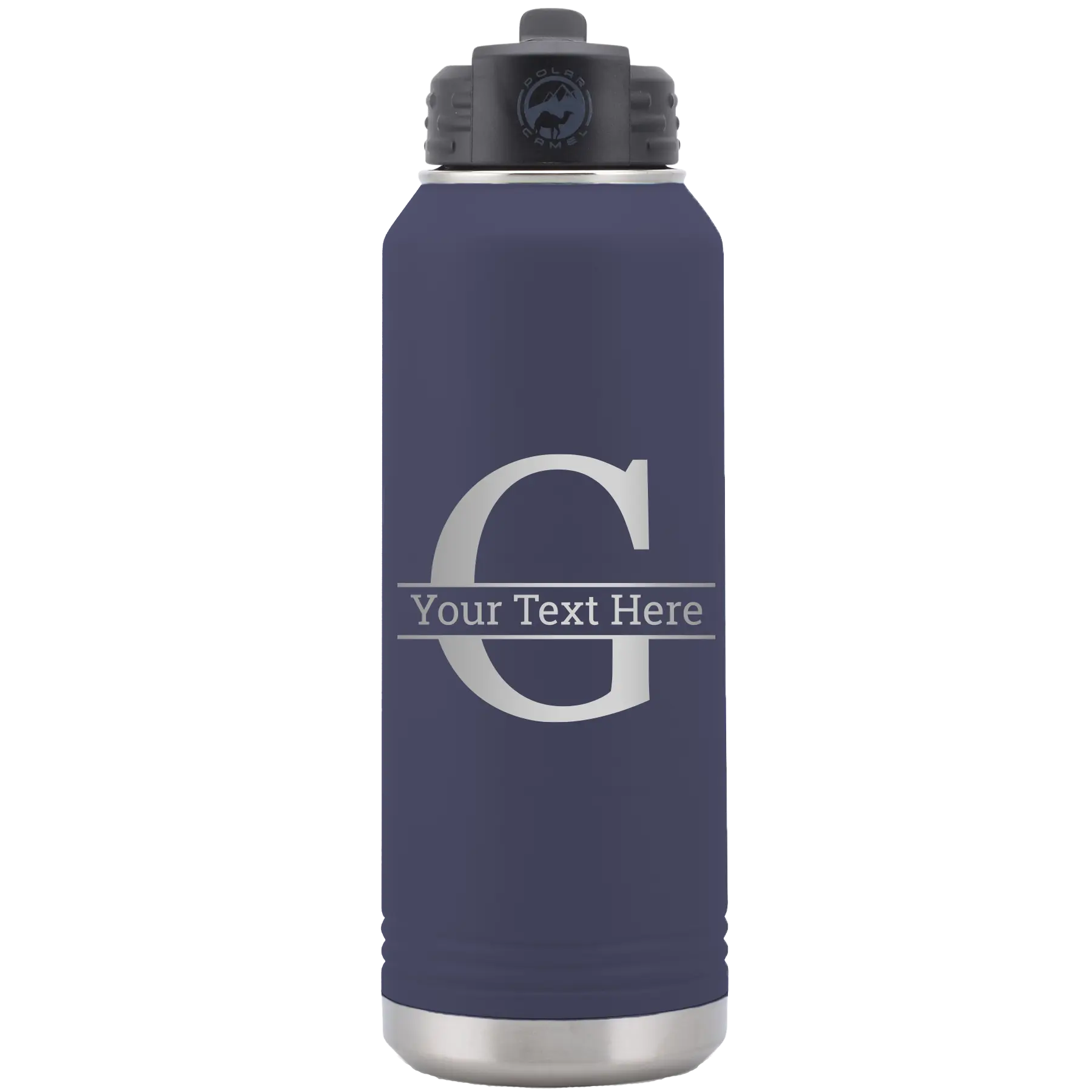 Personalized navy 32 oz vacuum insulated water bottle with 'Monogram letter G' design