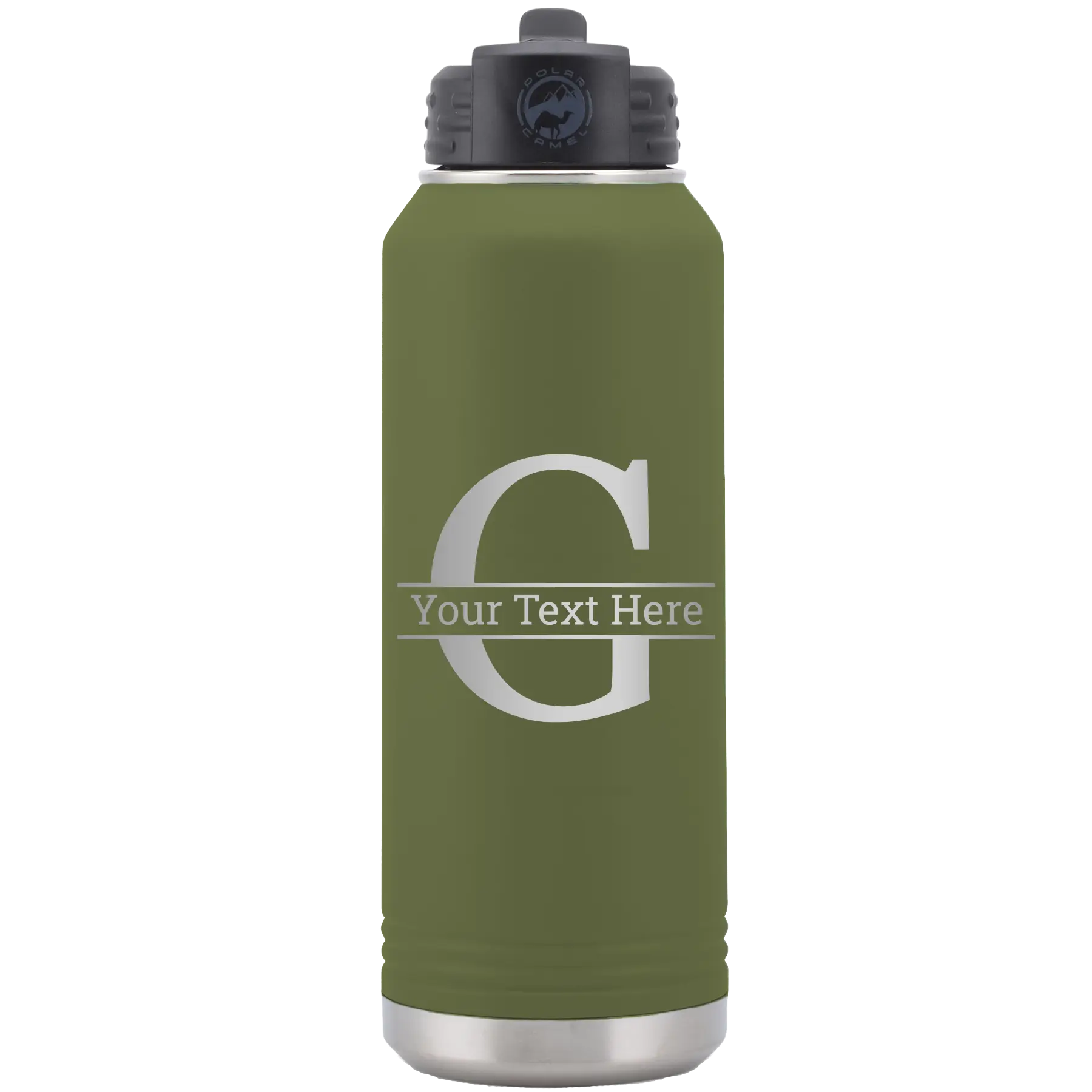 Personalized olive green 32 oz vacuum insulated water bottle with 'Monogram letter G' design
