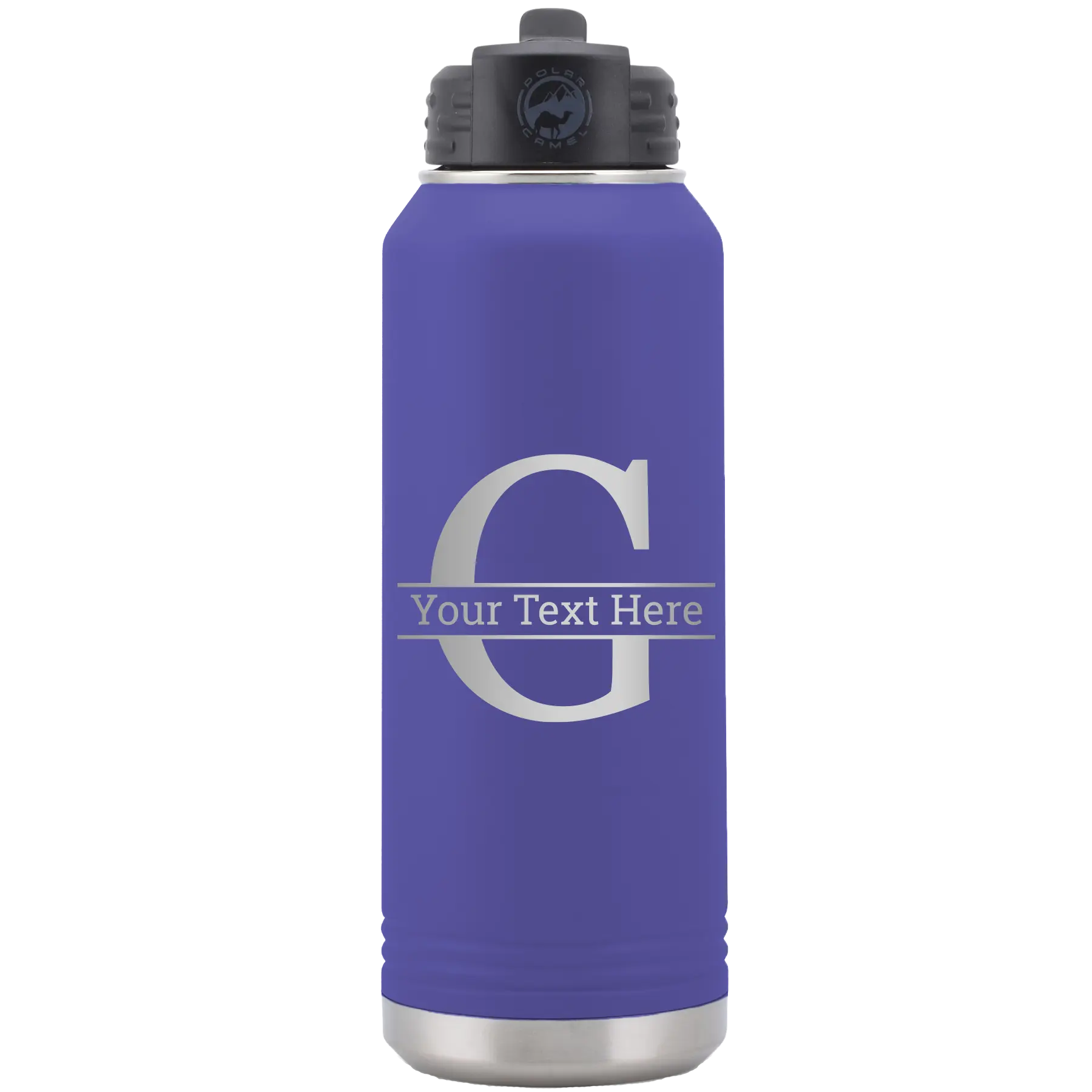 Personalized purple 32 oz vacuum insulated water bottle with 'Monogram letter G' design