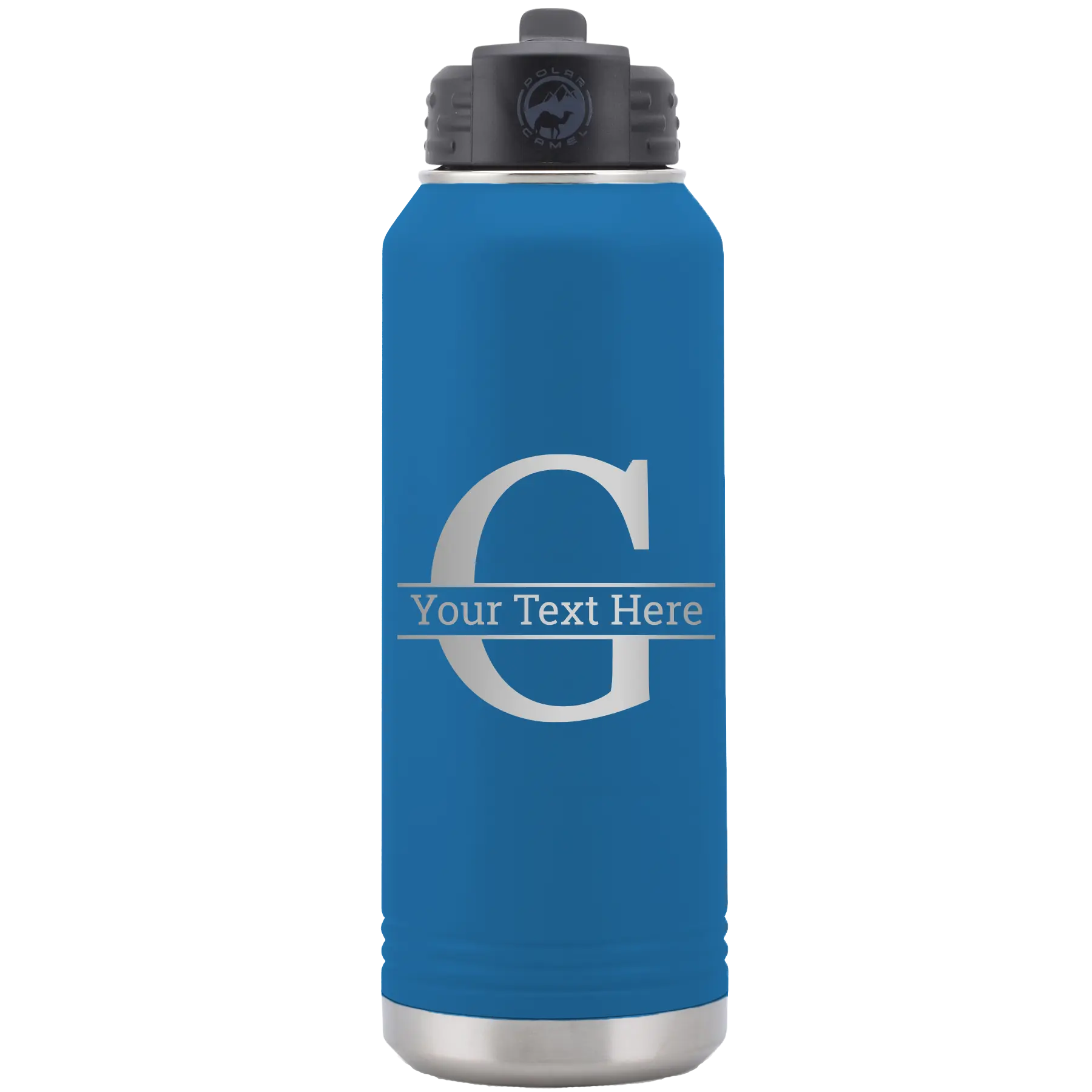 Personalized royal blue 32 oz vacuum insulated water bottle with 'Monogram letter G' design