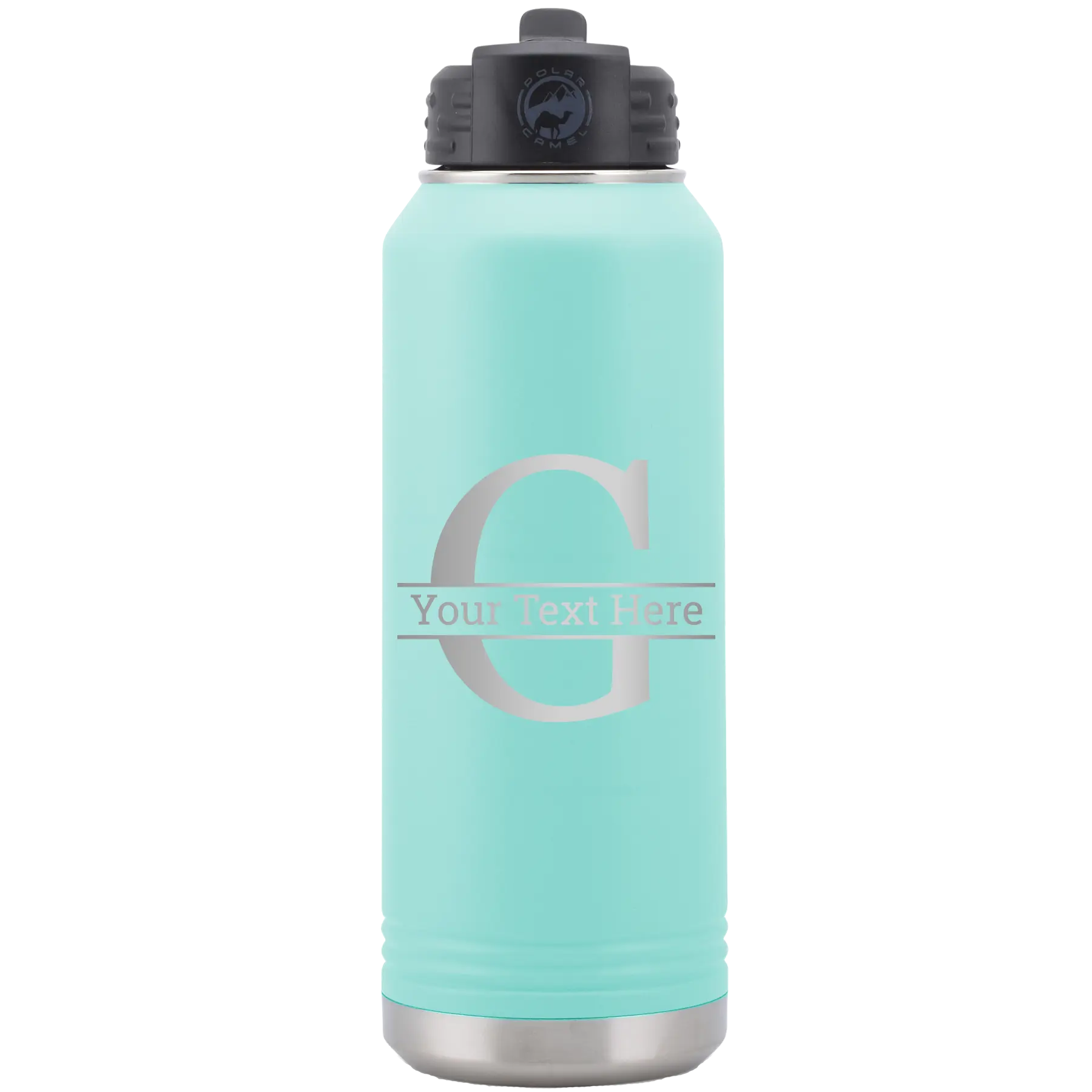 Personalized teal 32 oz vacuum insulated water bottle with 'Monogram letter G' design