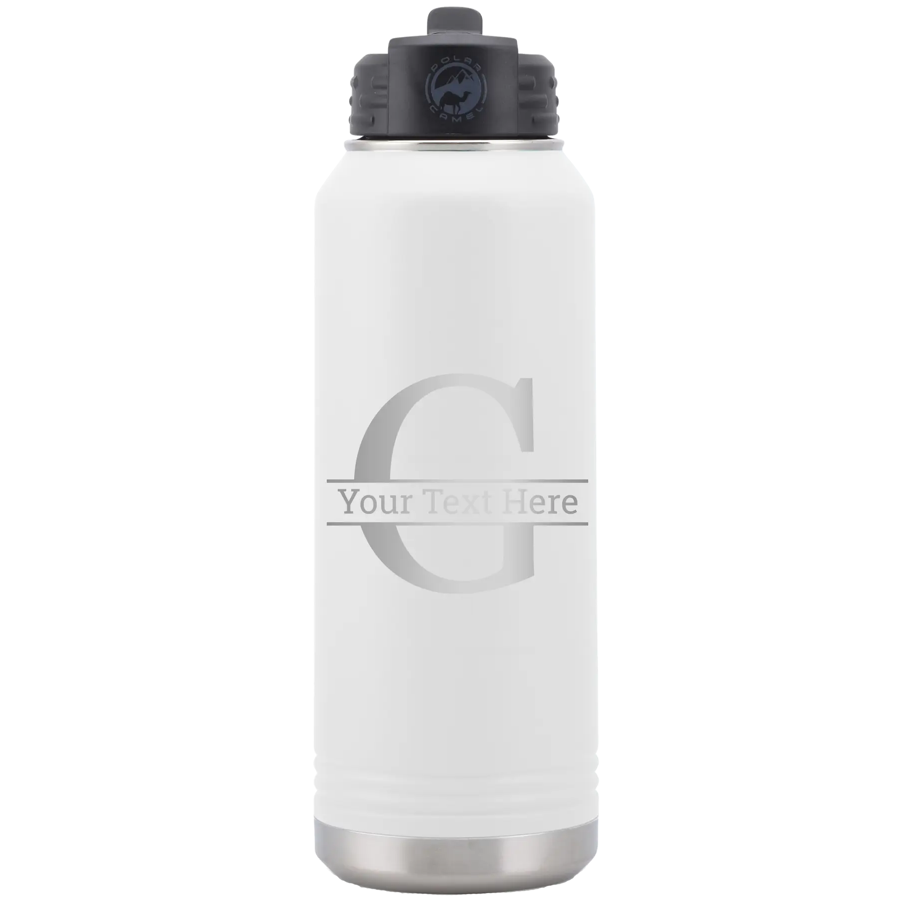 Personalized white 32 oz vacuum insulated water bottle with 'Monogram letter G' design