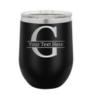 Personalized black 12 oz vacuum insulated wine cup with 'Monogram letter G' design