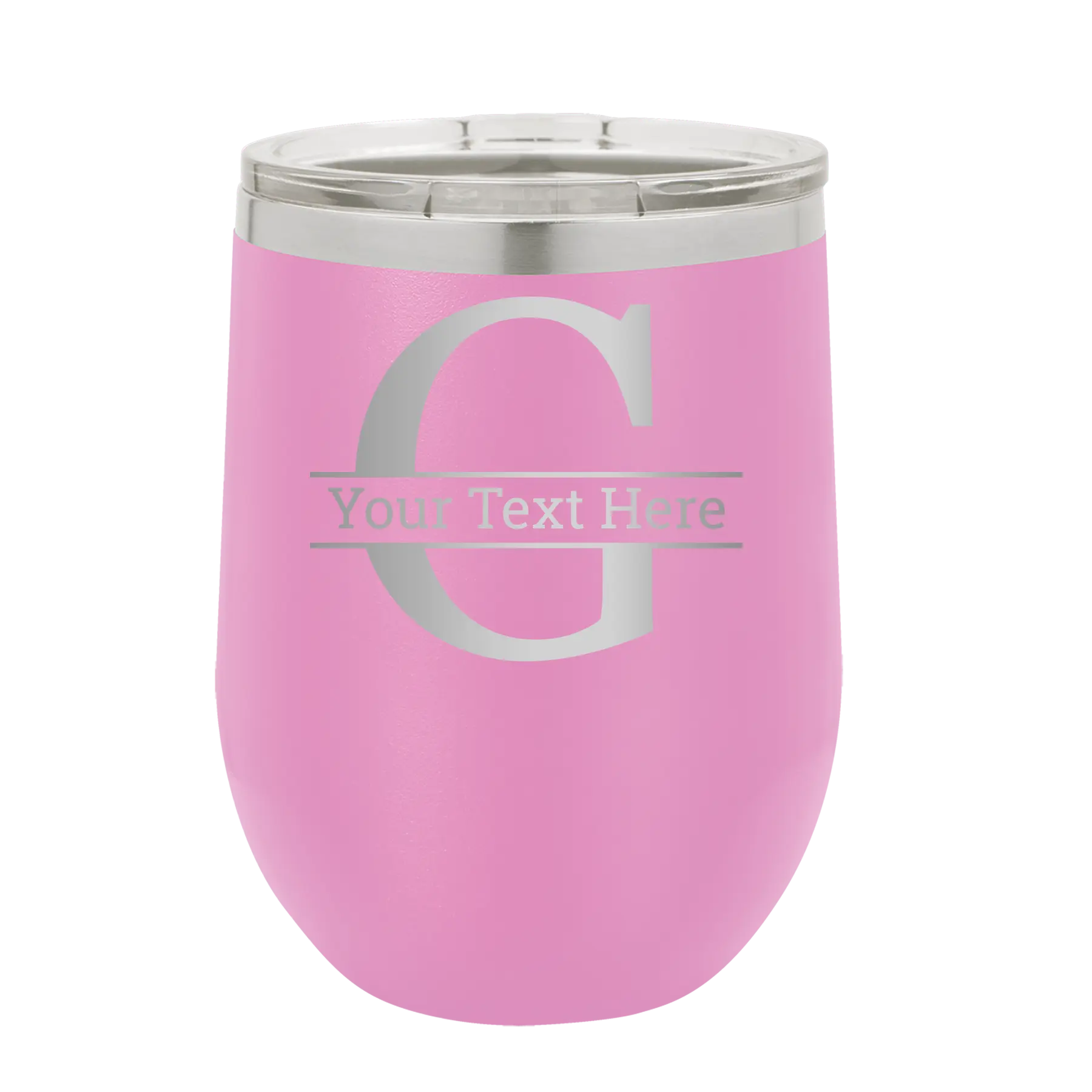 Personalized light purple 12 oz vacuum insulated wine cup with 'Monogram letter G' design