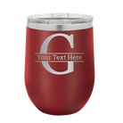 Personalized maroon 12 oz vacuum insulated wine cup with 'Monogram letter G' design