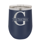 Personalized navy 12 oz vacuum insulated wine cup with 'Monogram letter G' design