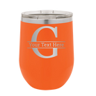 Personalized orange 12 oz vacuum insulated wine cup with 'Monogram letter G' design