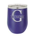 Personalized purple 12 oz vacuum insulated wine cup with 'Monogram letter G' design