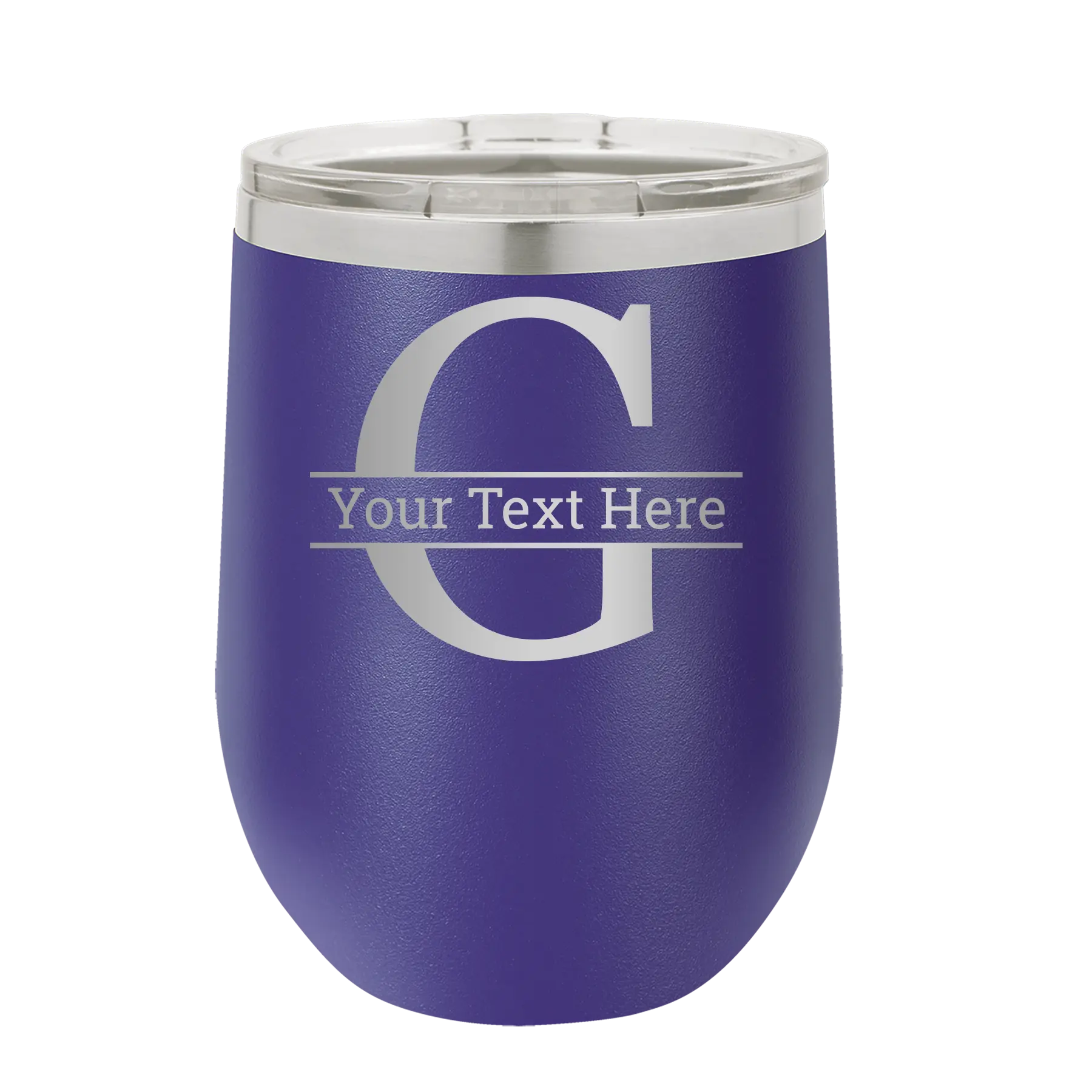 Personalized purple 12 oz vacuum insulated wine cup with 'Monogram letter G' design