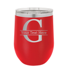 Personalized red 12 oz vacuum insulated wine cup with 'Monogram letter G' design