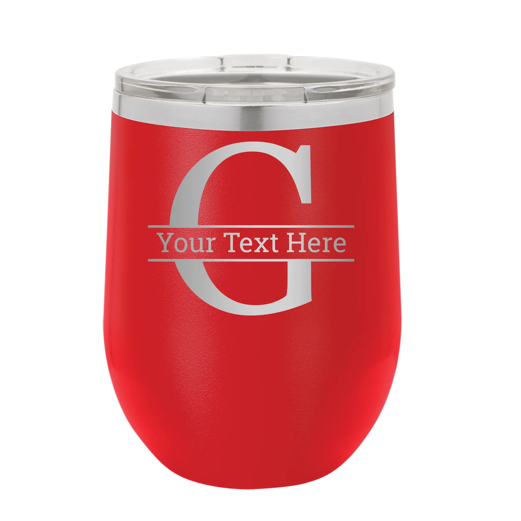 Personalized red 12 oz vacuum insulated wine cup with 'Monogram letter G' design