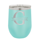 Personalized teal 12 oz vacuum insulated wine cup with 'Monogram letter G' design
