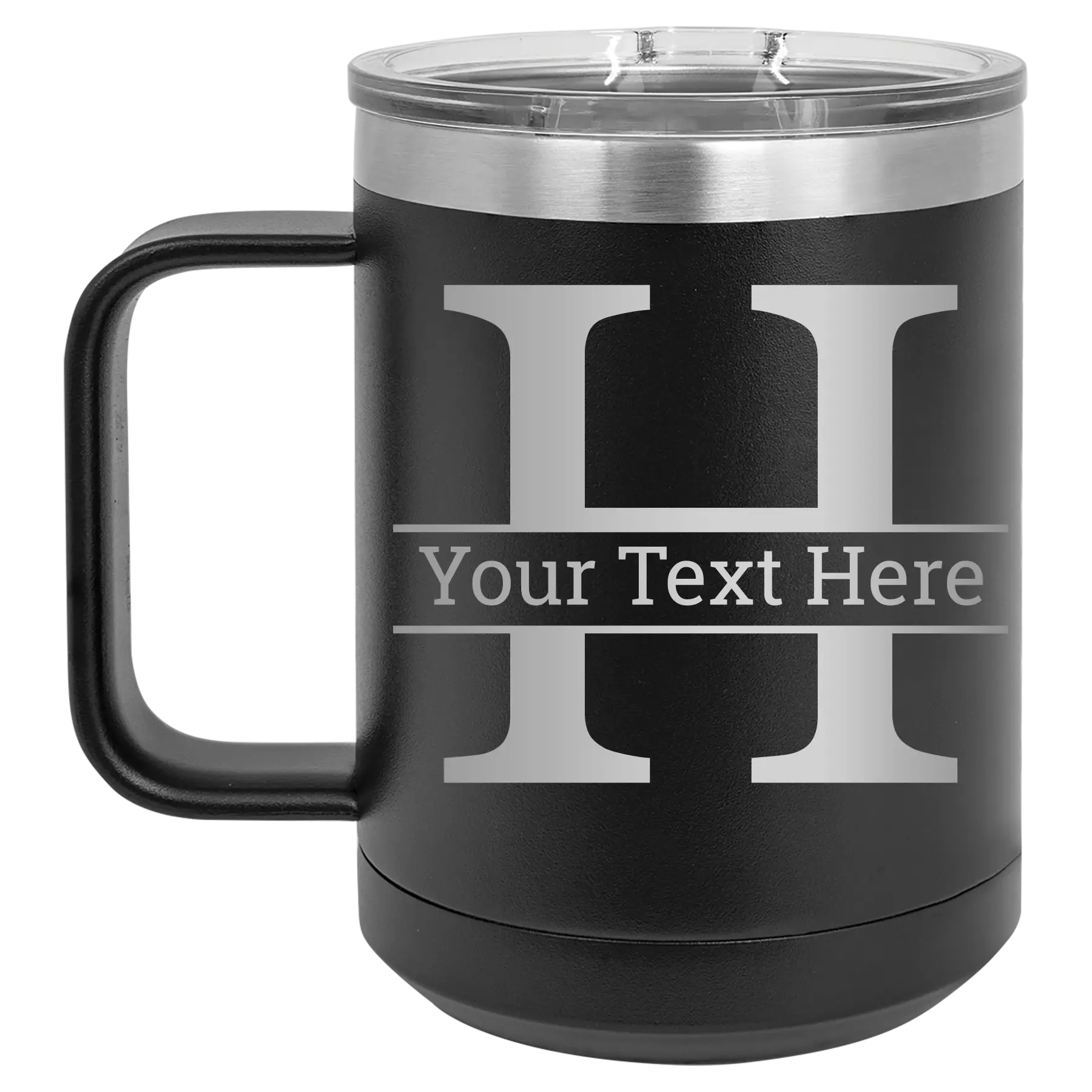 Personalized black 15 oz vacuum insulated coffee mug with 'Monogram letter H' design