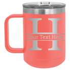 Personalized coral 15 oz vacuum insulated coffee mug with 'Monogram letter H' design