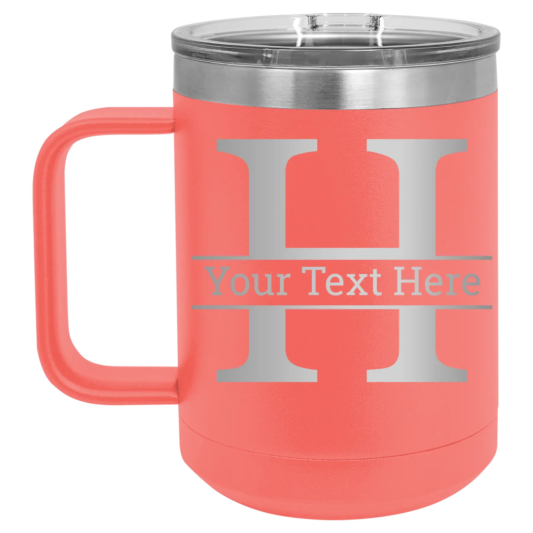 Personalized coral 15 oz vacuum insulated coffee mug with 'Monogram letter H' design