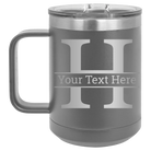 Personalized dark gray 15 oz vacuum insulated coffee mug with 'Monogram letter H' design