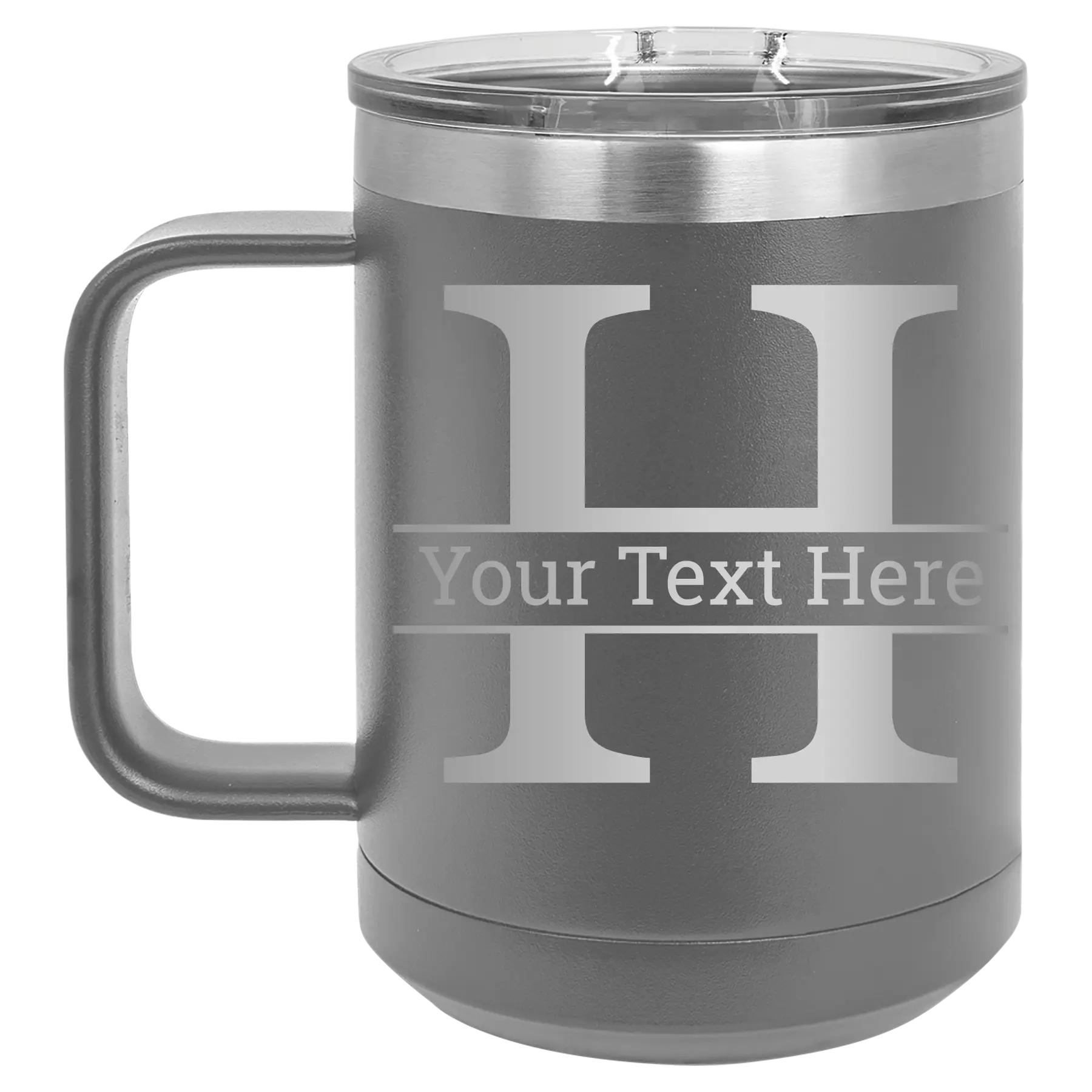 Personalized dark gray 15 oz vacuum insulated coffee mug with 'Monogram letter H' design
