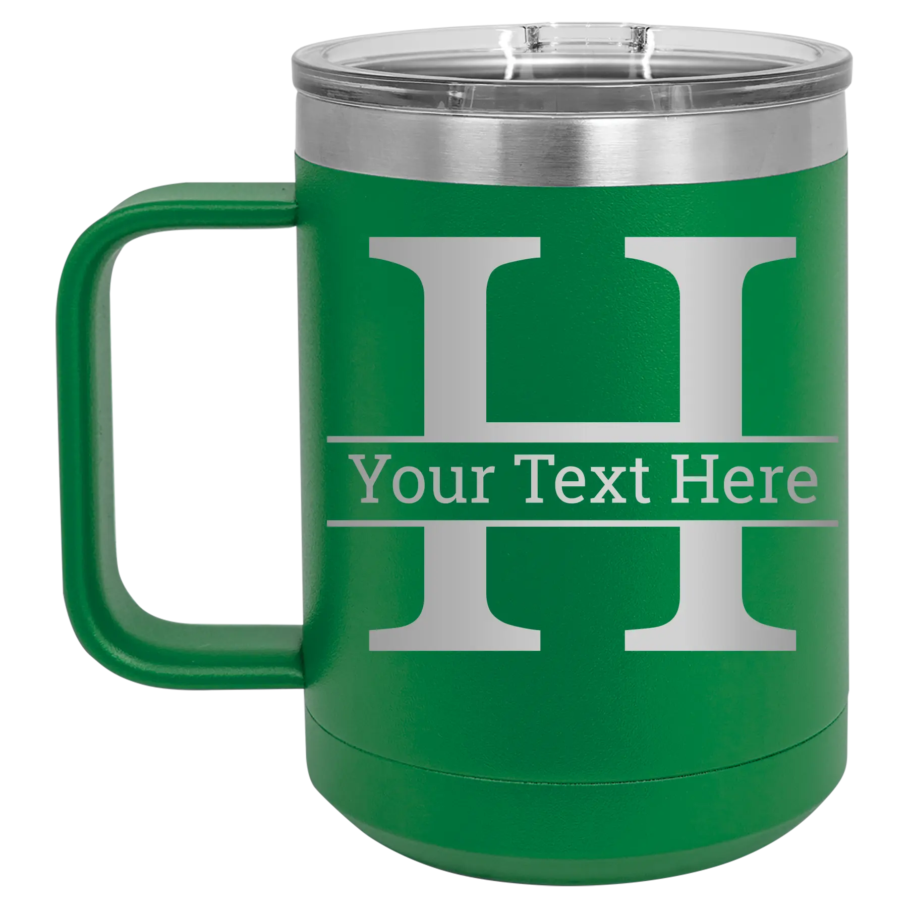 Personalized green 15 oz vacuum insulated coffee mug with 'Monogram letter H' design