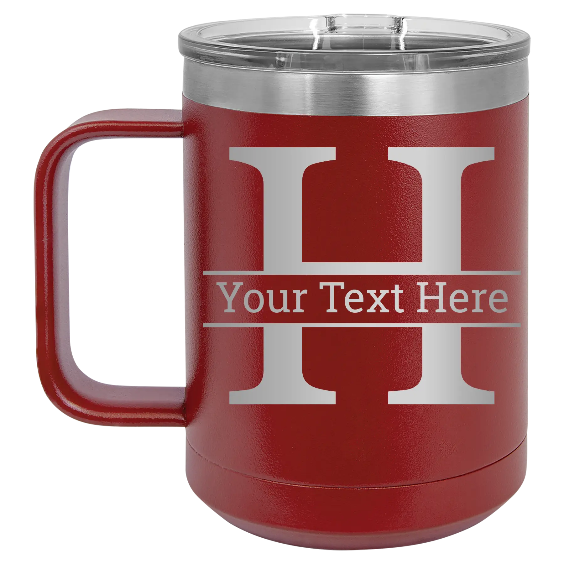 Personalized maroon 15 oz vacuum insulated coffee mug with 'Monogram letter H' design