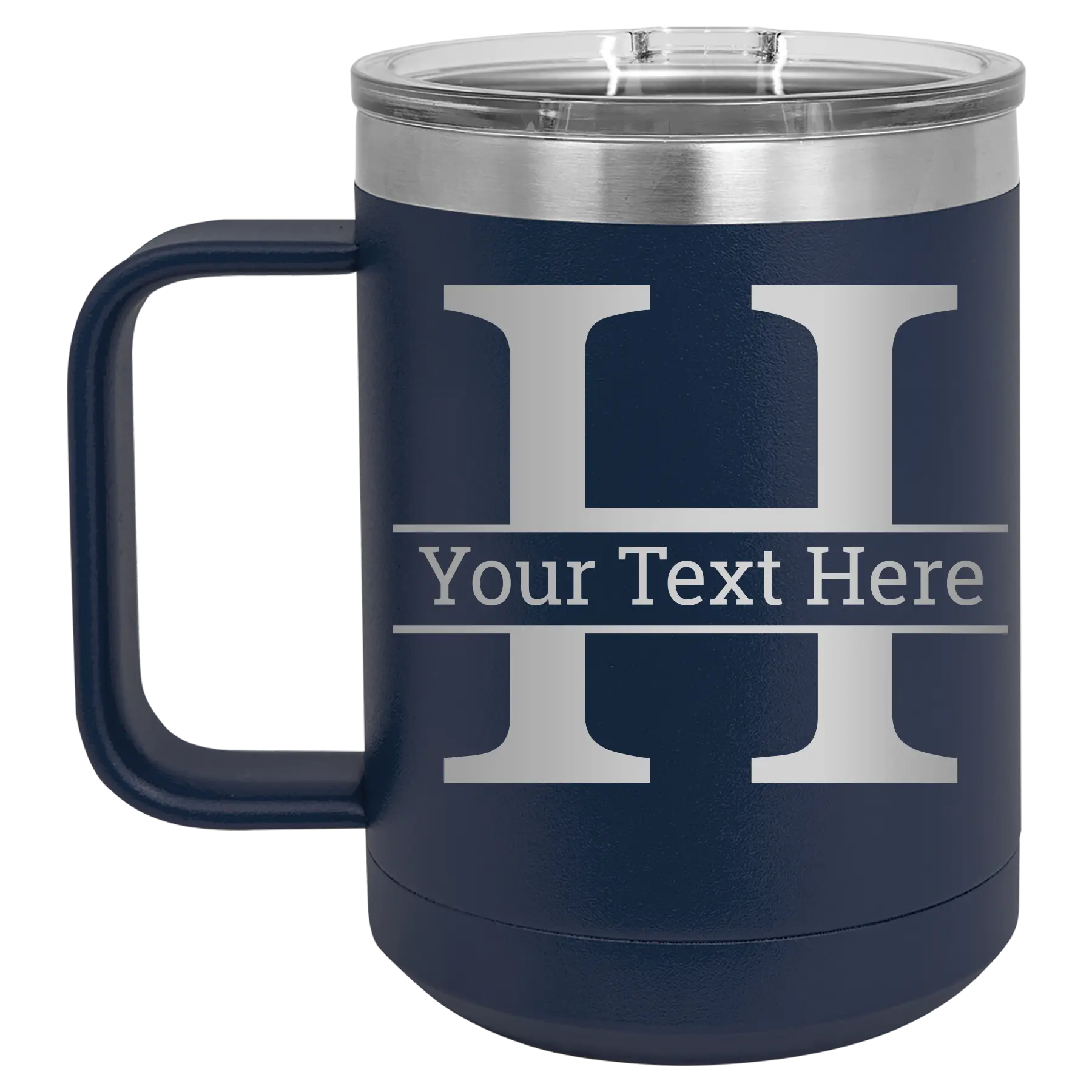 Personalized navy 15 oz vacuum insulated coffee mug with 'Monogram letter H' design