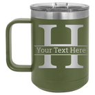 Personalized olive green 15 oz vacuum insulated coffee mug with 'Monogram letter H' design