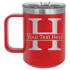 Personalized red 15 oz vacuum insulated coffee mug with 'Monogram letter H' design