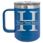 Personalized royal blue 15 oz vacuum insulated coffee mug with 'Monogram letter H' design