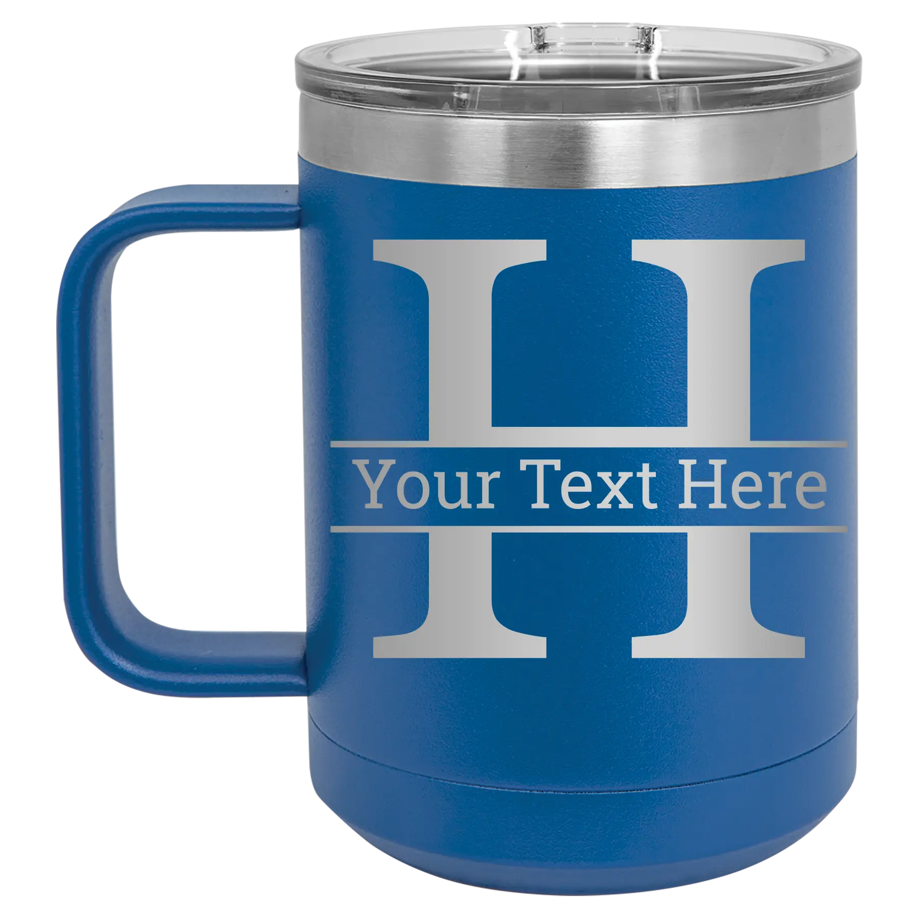 Personalized royal blue 15 oz vacuum insulated coffee mug with 'Monogram letter H' design