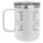 Personalized white 15 oz vacuum insulated coffee mug with 'Monogram letter H' design