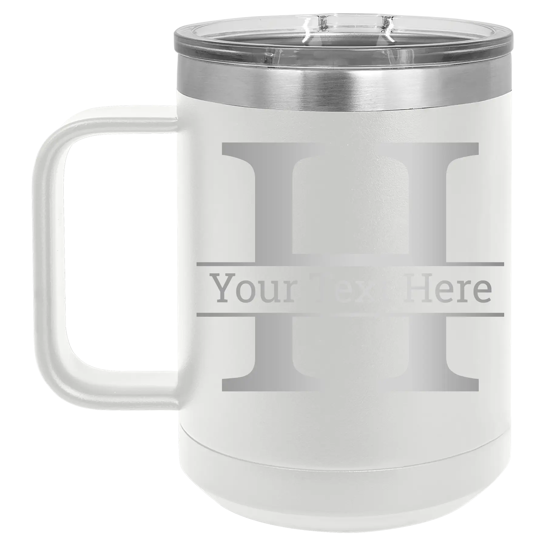 Personalized white 15 oz vacuum insulated coffee mug with 'Monogram letter H' design