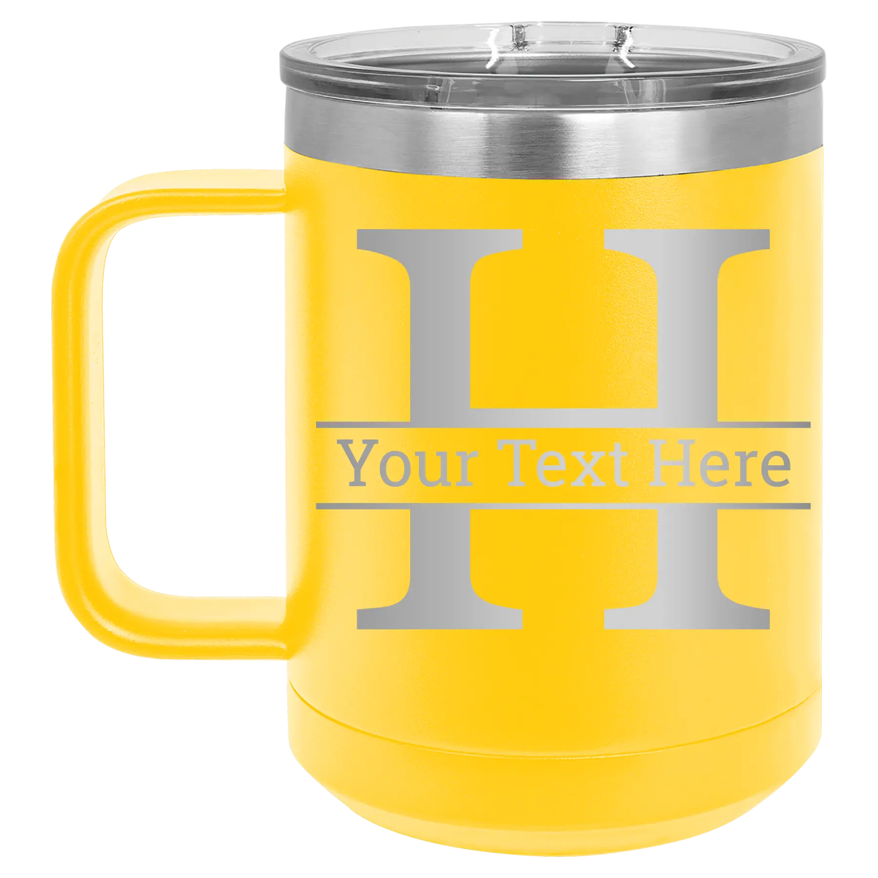 Personalized yellow 15 oz vacuum insulated coffee mug with 'Monogram letter H' design