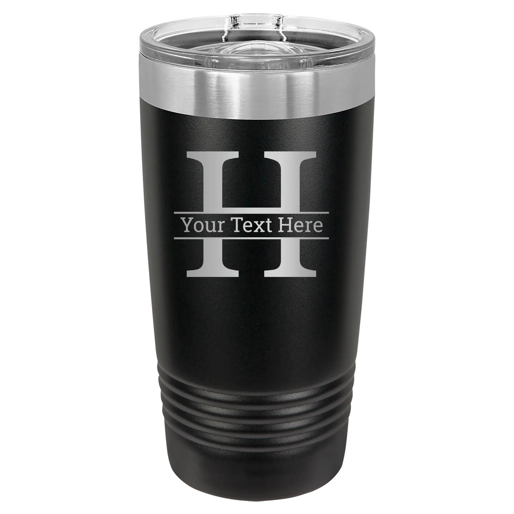 Personalized black 20 oz vacuum insulated tumbler with 'Monogram letter H' design
