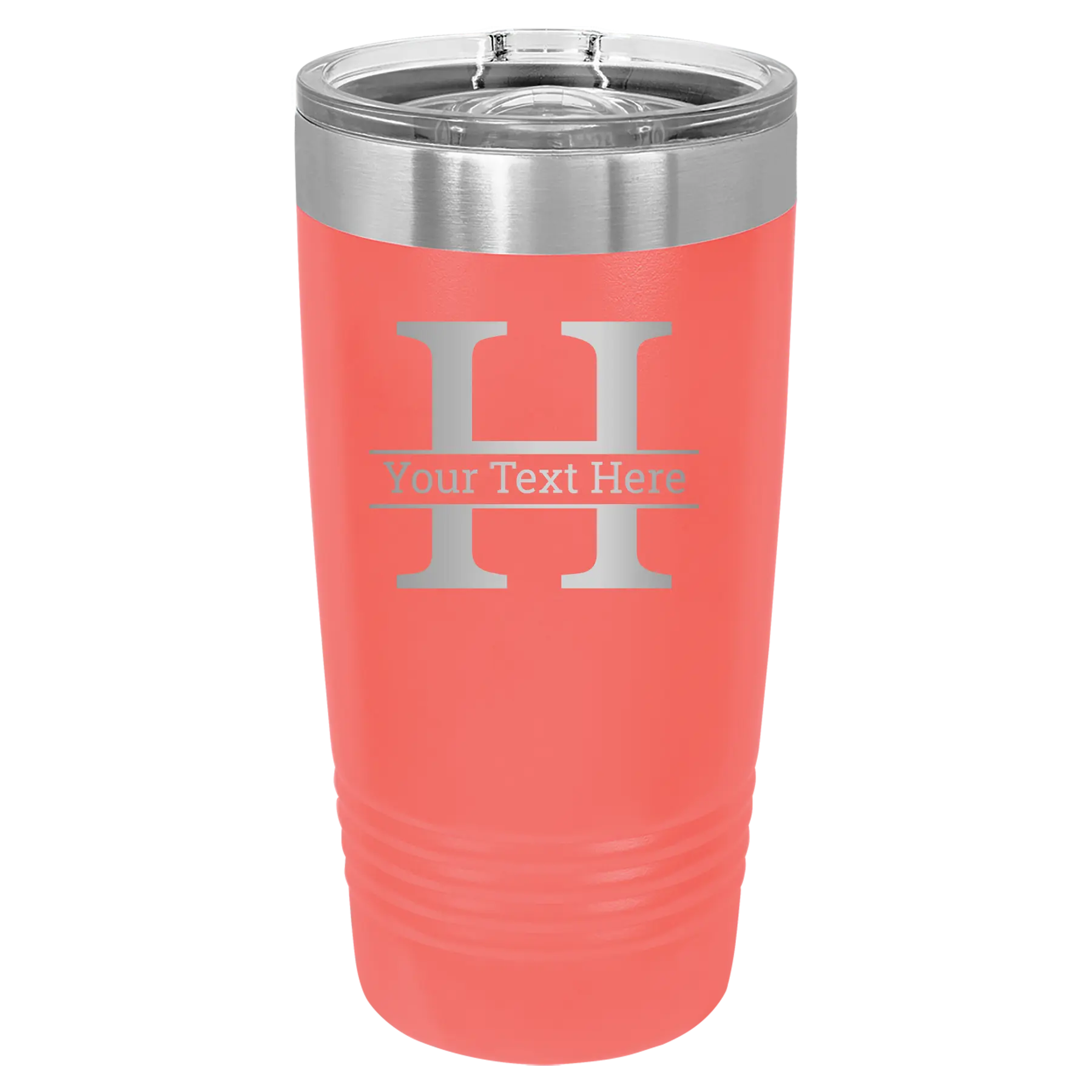Personalized coral 20 oz vacuum insulated tumbler with 'Monogram letter H' design