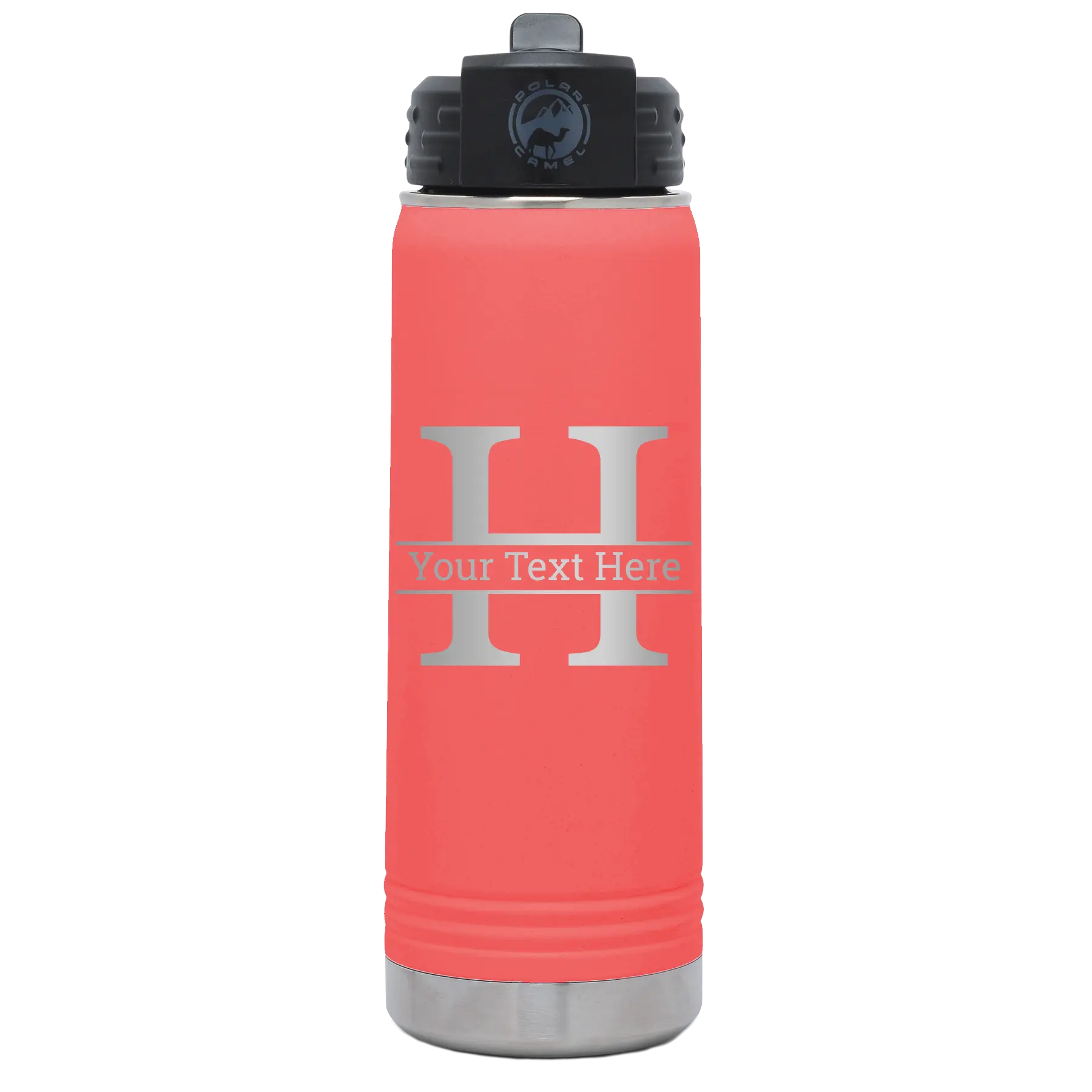 Personalized coral 20 oz vacuum insulated water bottle with 'Monogram letter H' design