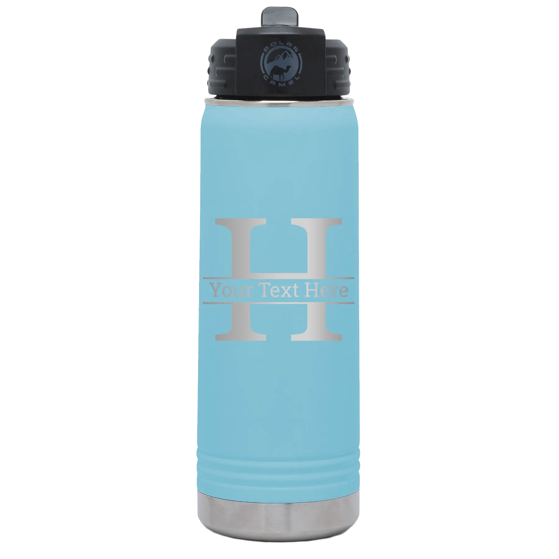 Personalized light blue 20 oz vacuum insulated water bottle with 'Monogram letter H' design