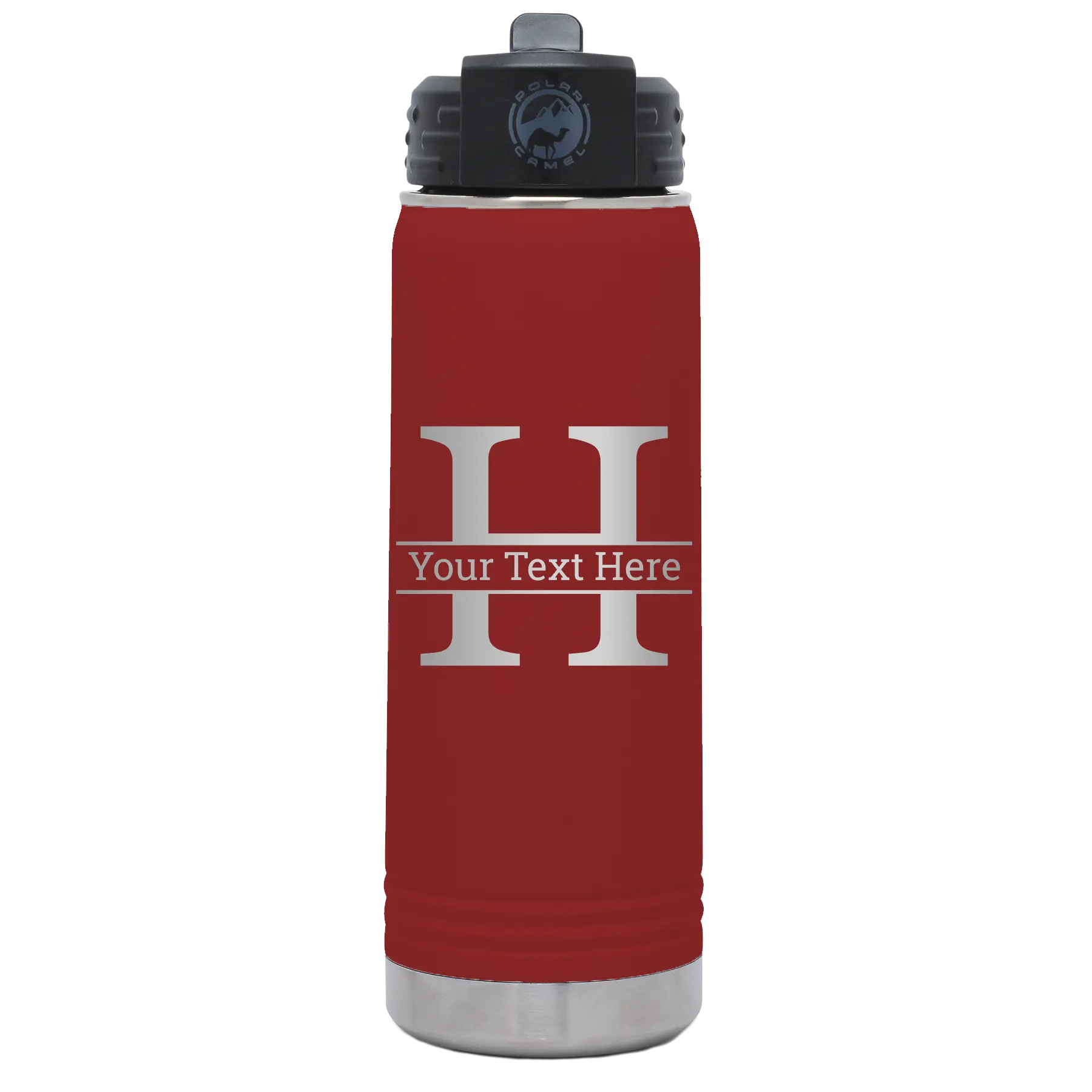 Personalized maroon 20 oz vacuum insulated water bottle with 'Monogram letter H' design
