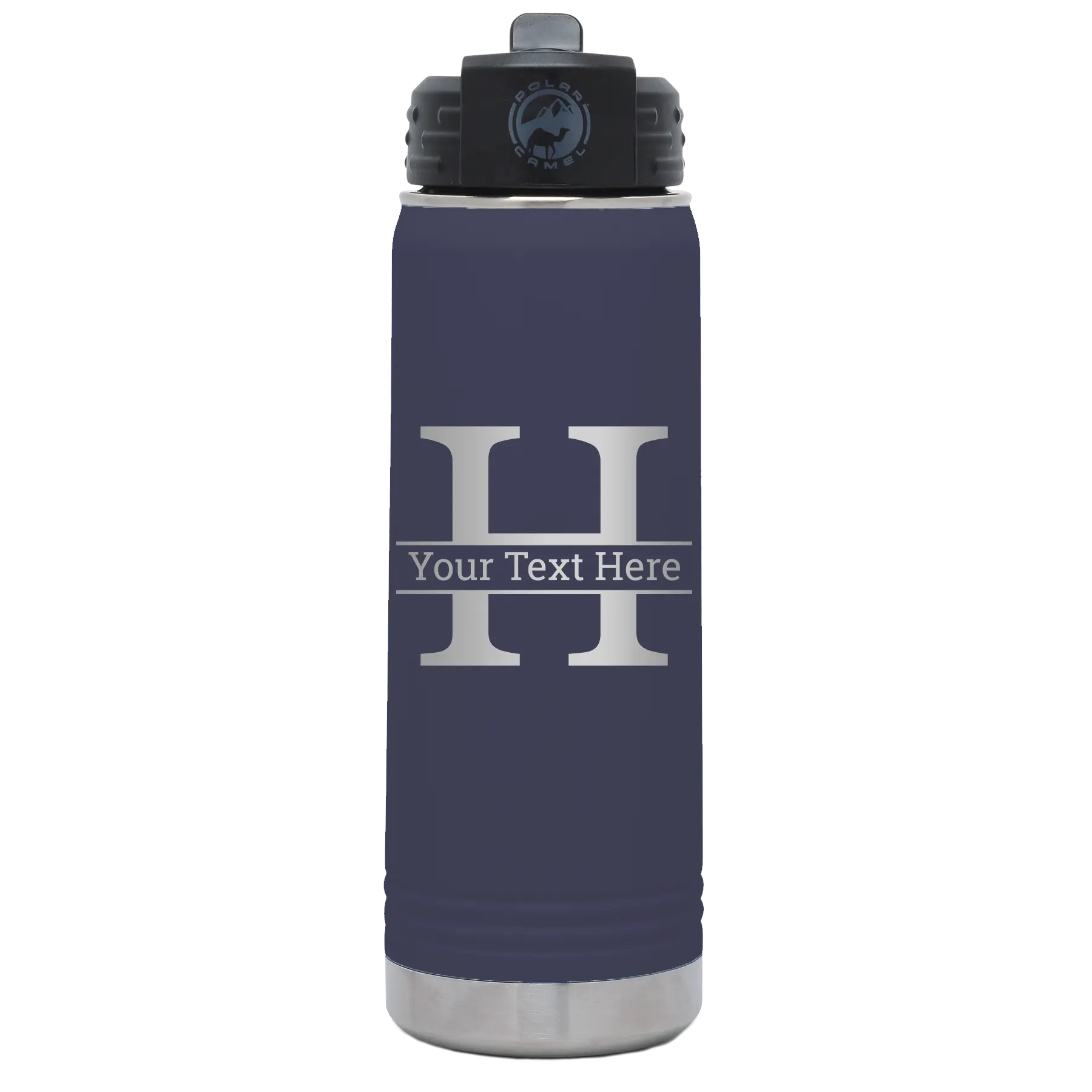 Personalized navy 20 oz vacuum insulated water bottle with 'Monogram letter H' design
