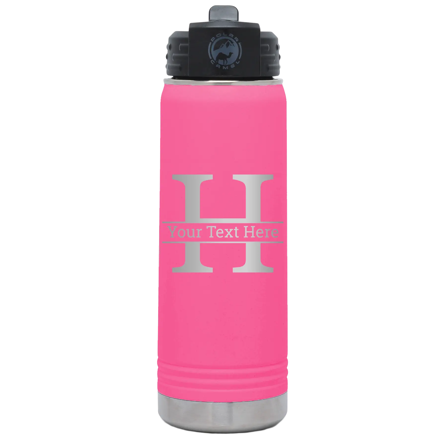 Personalized pink 20 oz vacuum insulated water bottle with 'Monogram letter H' design